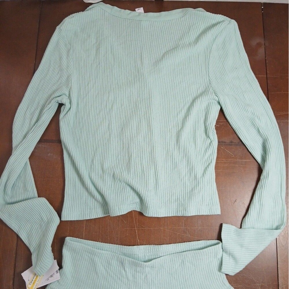 Auden Women's Mint Green Ribbed Pajama Set Shorts and Long Sleeve Cardigan S NWT - Picture 4 of 7